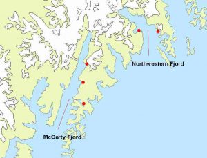 Enlarged map of McCarty Fjord and Northwestern Fjord showing five sample sites -- three in McCarty Fjord and two in Northwestern Fjord