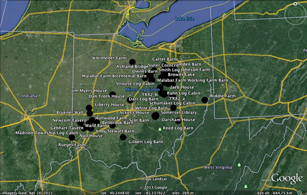 Map of tree ring sample sites from all regions of Ohio