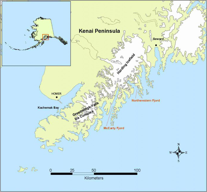 Kenai Peninsula Map, showing McCarty Fjord west of Northwestern Fjord