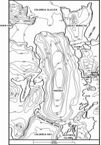 Topographic map of Columbia Fjord - Radiocarbon and tree ring sample sites from trees overrun by glaciers