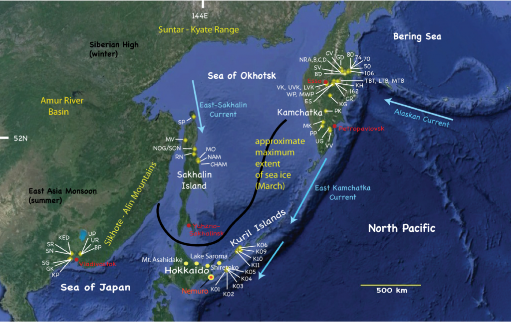 Satellite Map of Kamchatka with related tree ring sample sites labeled -- Near Vladivostok, Hokkaido, Sakhalin Island, Kamchatka, and the Kuril Islands