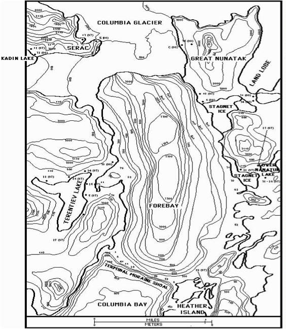 Topographic map of Columbia Glacier area, showing wide fjord geometry